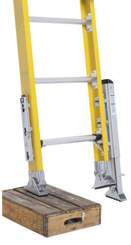 Ladder leveler base system yellow fiberglass extension ladder wooden stabilizer uneven ground gutter installation Damascus Oregon GutterAll