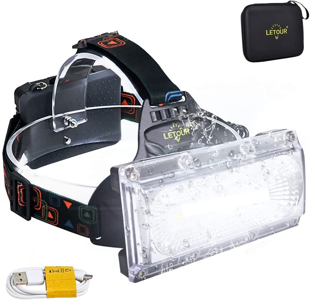 LETOUR 1800 lumen rechargeable LED headlamp wide beam panel with adjustable headband USB charging cable and carrying case water resistant GutterAll Damascus Oregon