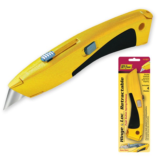 Ivy utility knife professional retractable blade yellow black metal tip ergonomic handle cutting tool contractor grade safe retraction mechanism