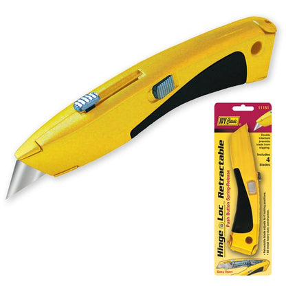 Ivy utility knife professional retractable blade yellow black metal tip ergonomic handle cutting tool contractor grade safe retraction mechanism
