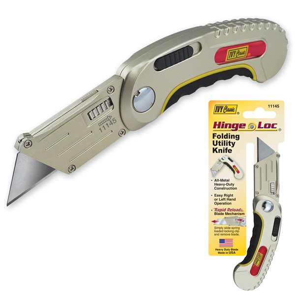 Ivy utility knife professional retractable blade yellow black metal tip ergonomic handle cutting tool contractor grade safe retraction mechanism