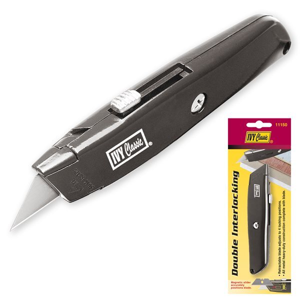 Ivy utility knife professional retractable blade yellow black metal tip ergonomic handle cutting tool contractor grade safe retraction mechanism