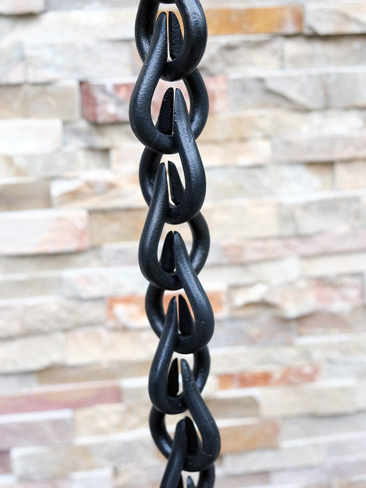 Rain drop link aluminum rain chain 8ft sections with 54 teardrop links. Matte black powder coat. 2-1/4" x 3-3/8". 15-min install. Contractor DIY. Damascus.