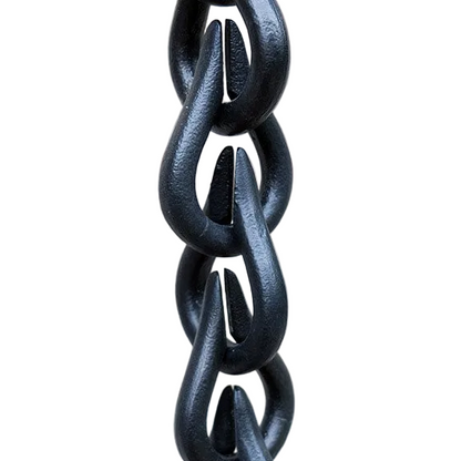 Rain drop link aluminum rain chain 8ft sections with 54 teardrop links. Matte black powder coat. 2-1/4" x 3-3/8". 15-min install. Contractor DIY. Damascus.