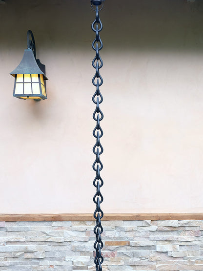 Rain drop link aluminum rain chain 8ft sections with 54 teardrop links. Matte black powder coat. 2-1/4" x 3-3/8". 15-min install. Contractor DIY. Damascus.