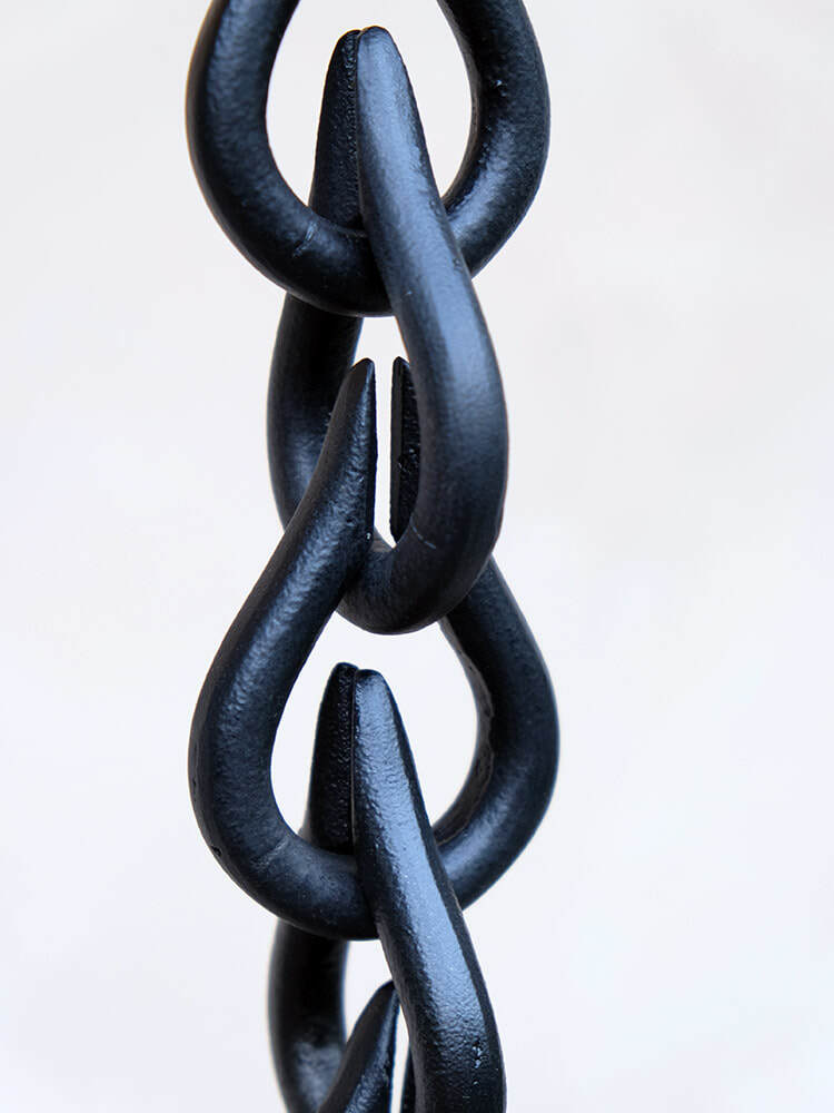 Rain drop link aluminum rain chain 8ft sections with 54 teardrop links. Matte black powder coat. 2-1/4" x 3-3/8". 15-min install. Contractor DIY. Damascus.
