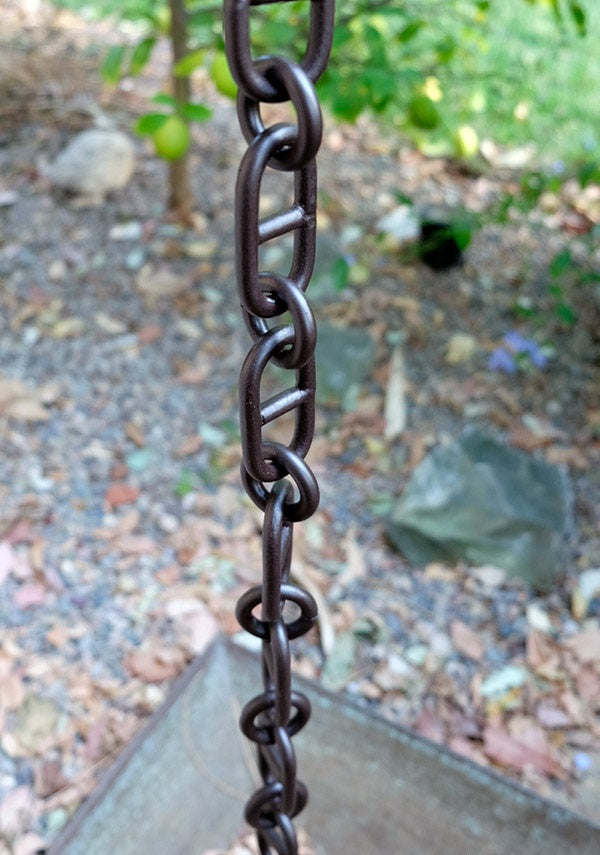 Bronze Anchor Chain rain chain. Link style. 8ft section. Heavy-duty aluminum. Bronze powder coat. 1.5" x 3.0" x 3/8" links. V-hook included. Nautical design. Contractor DIY. Damascus OR.