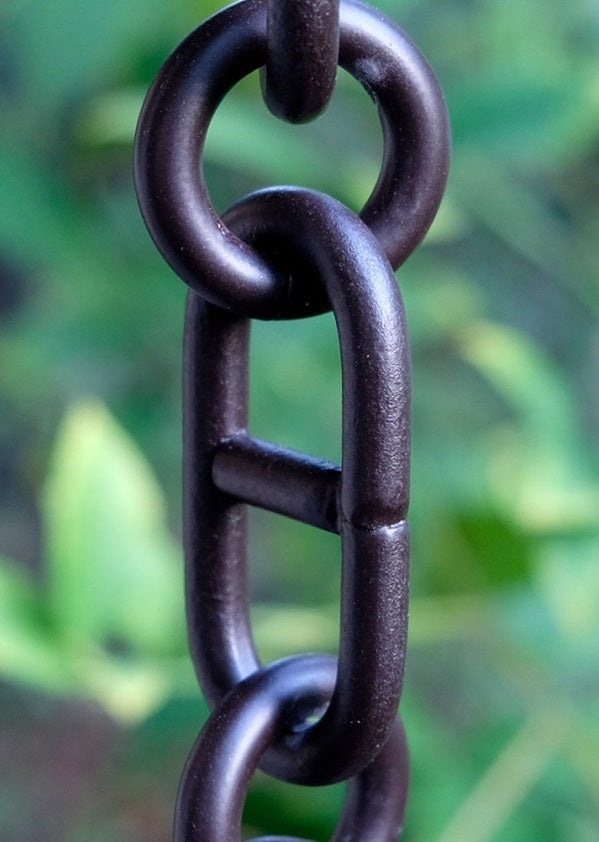Bronze Anchor Chain rain chain. Link style. 8ft section. Heavy-duty aluminum. Bronze powder coat. 1.5" x 3.0" x 3/8" links. V-hook included. Nautical design. Contractor DIY. Damascus OR.