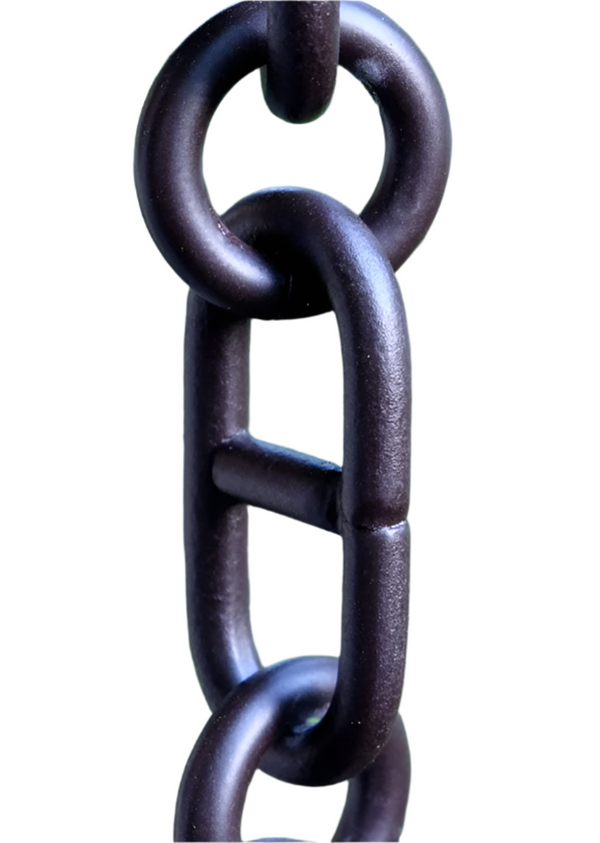 Close-up of a bronze anchor chain with heavy-duty marine-grade links.