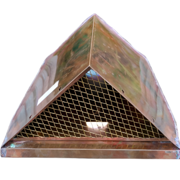 Copper triangular corner leaderhead with mesh screen for gutter drainage.