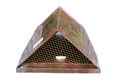 Front view of triangular copper leaderhead with mesh screen for drainage.