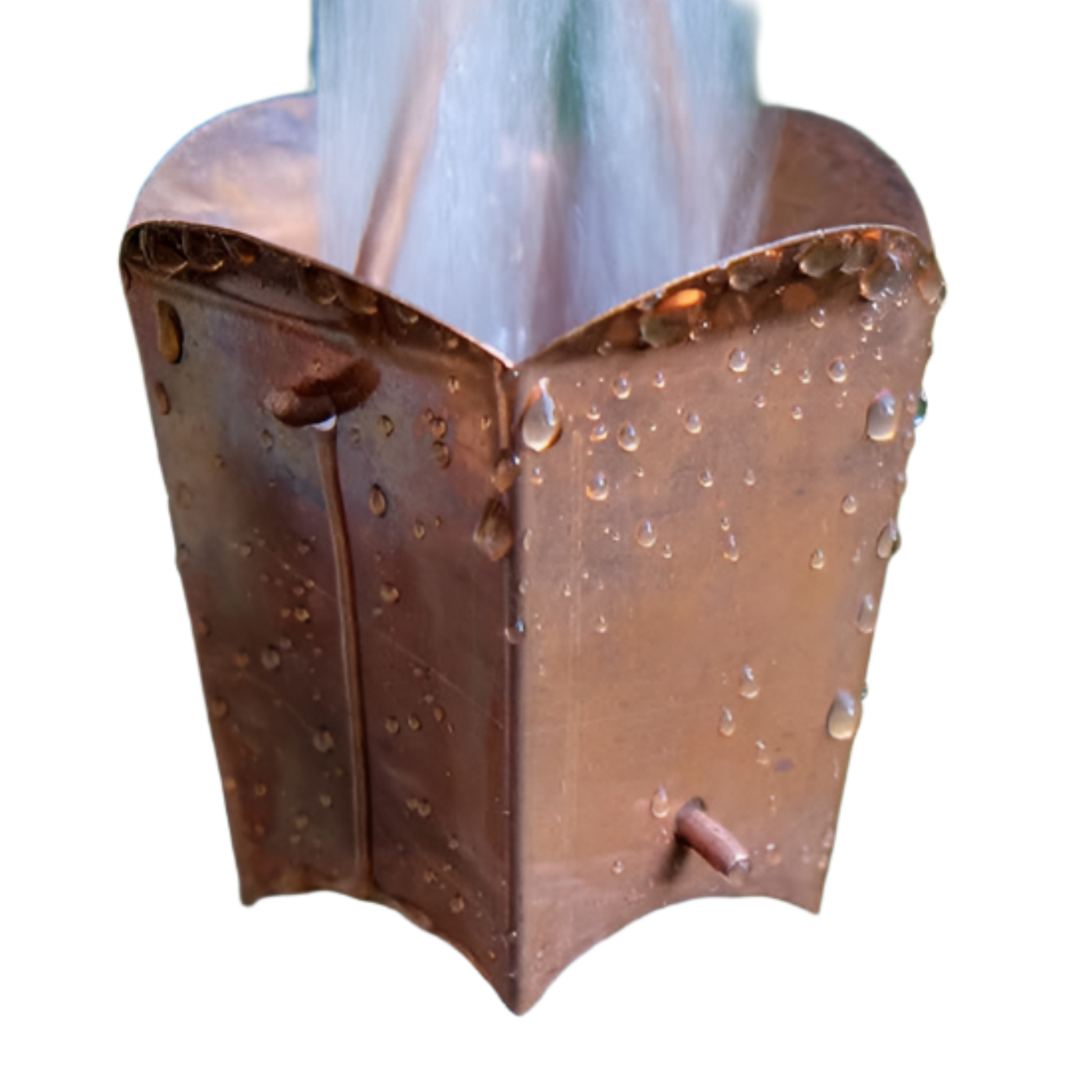 Close-up of a square tulip cup rain chain in copper with water flowing through.