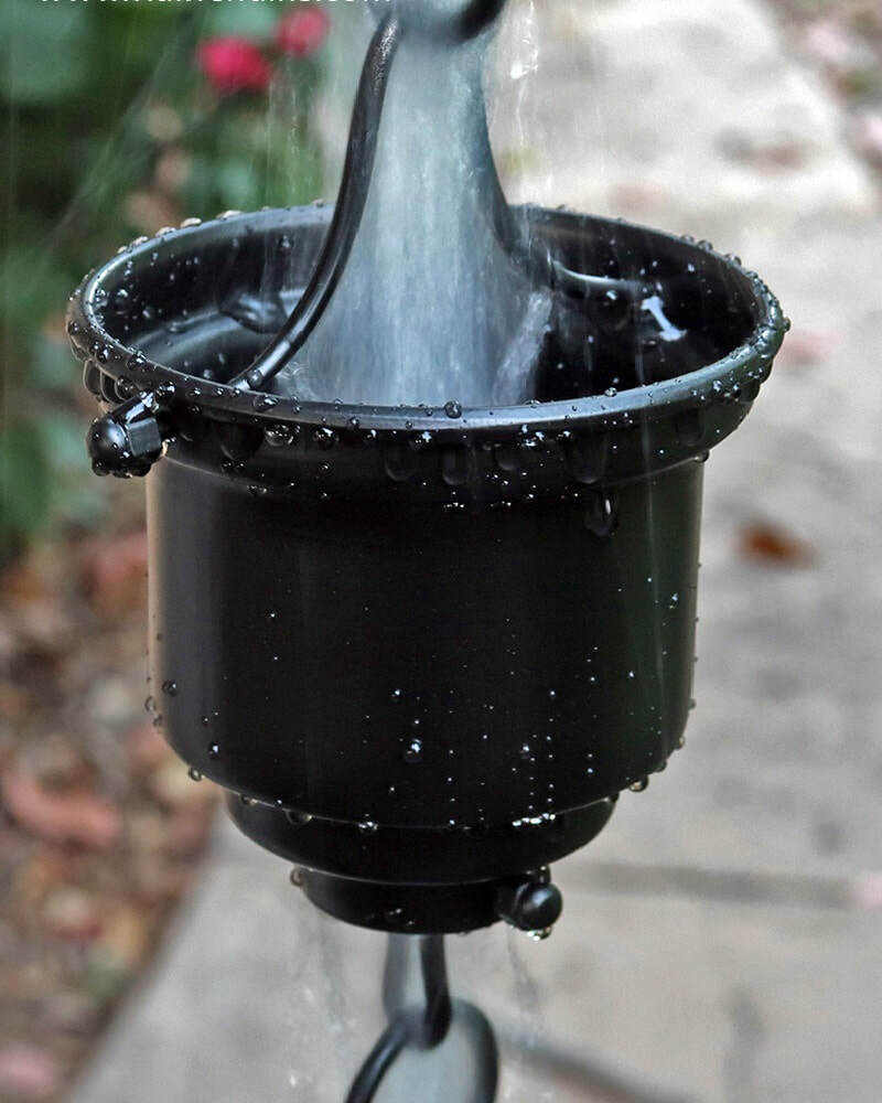 Black Tea Cup Rain Chain. Aluminum with black powder coat. 8ft section with 16 cups. 4-1/4" x 3" x 1" cups. Stainless hardware. V-hook included. Easy no-tool assembly. Contractor DIY. Damascus OR.