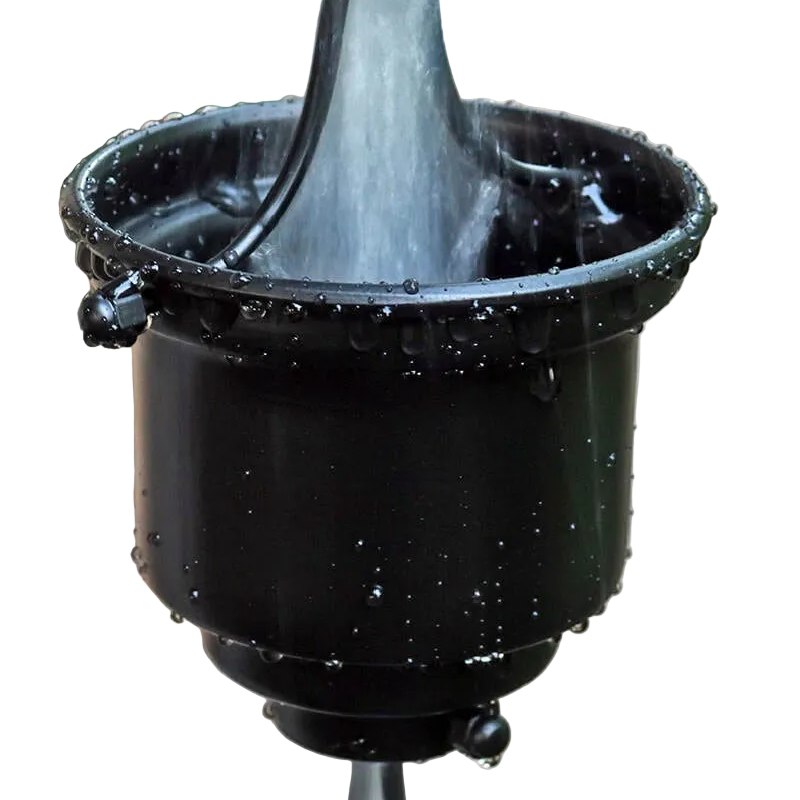 Black Tea Cup Rain Chain. Aluminum with black powder coat. 8ft section with 16 cups. 4-1/4" x 3" x 1" cups. Stainless hardware. V-hook included. Easy no-tool assembly. Contractor DIY. Damascus OR.