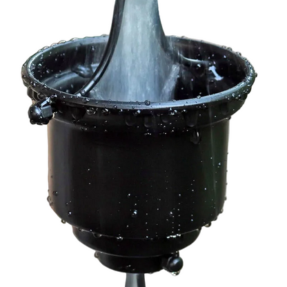 Black Tea Cup Rain Chain. Aluminum with black powder coat. 8ft section with 16 cups. 4-1/4" x 3" x 1" cups. Stainless hardware. V-hook included. Easy no-tool assembly. Contractor DIY. Damascus OR.