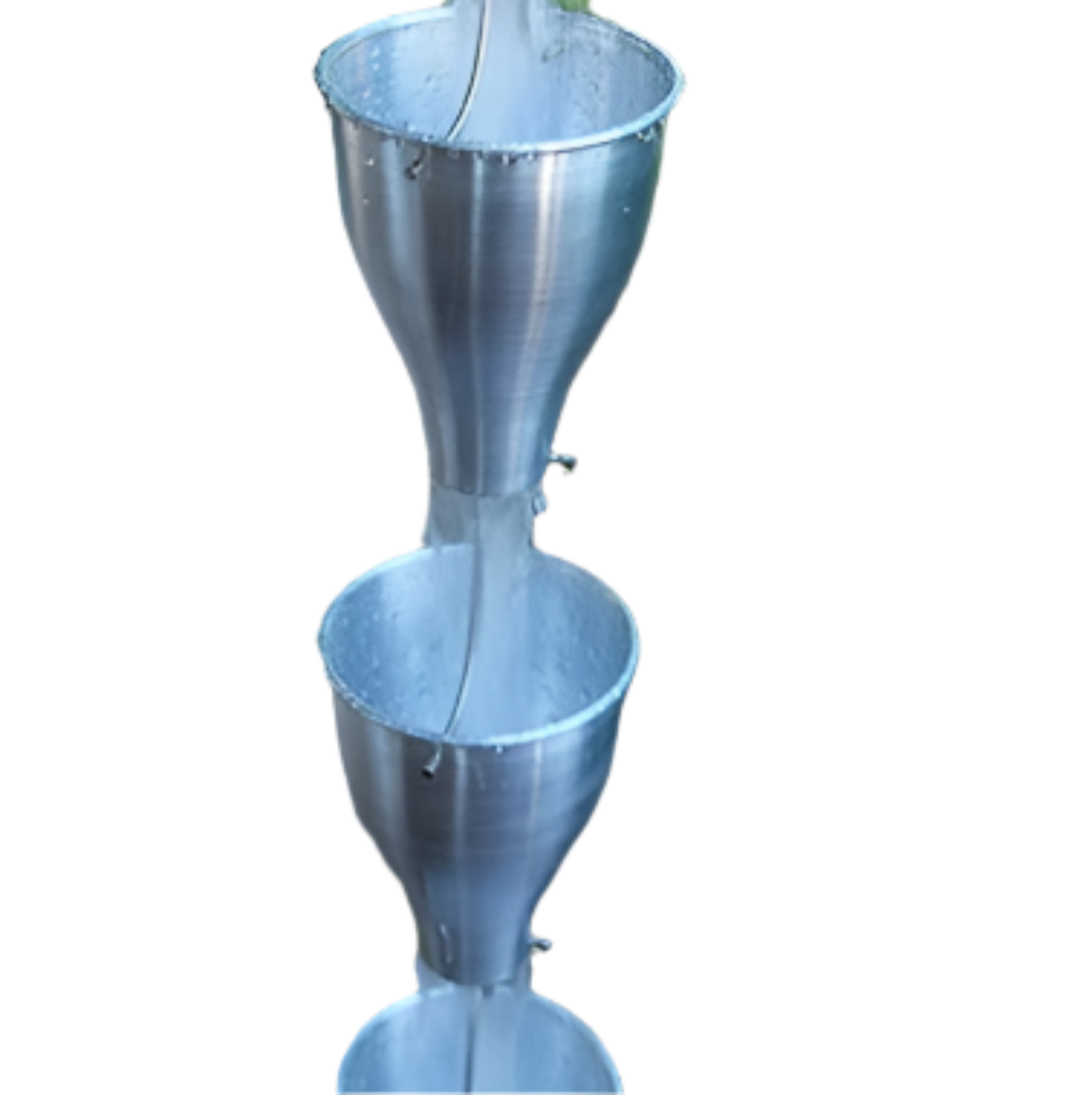 Aluminum Cup Rain Chain. Rust-resistant modern funnel design. 8ft section with 13 cups. 4-3/8" x 5-1/2" cups. Silver Black Bronze White. V-hook included. Contractor DIY. Damascus OR.
