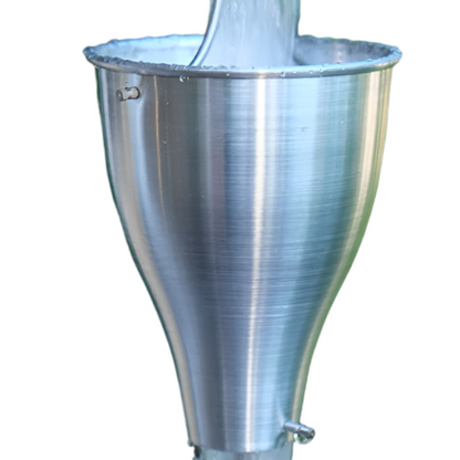 Aluminum Cup Rain Chain. Rust-resistant modern funnel design. 8ft section with 13 cups. 4-3/8" x 5-1/2" cups. Silver Black Bronze White. V-hook included. Contractor DIY. Damascus OR.