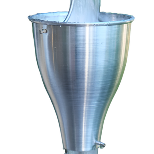 Aluminum Cup Rain Chain. Rust-resistant modern funnel design. 8ft section with 13 cups. 4-3/8" x 5-1/2" cups. Silver Black Bronze White. V-hook included. Contractor DIY. Damascus OR.