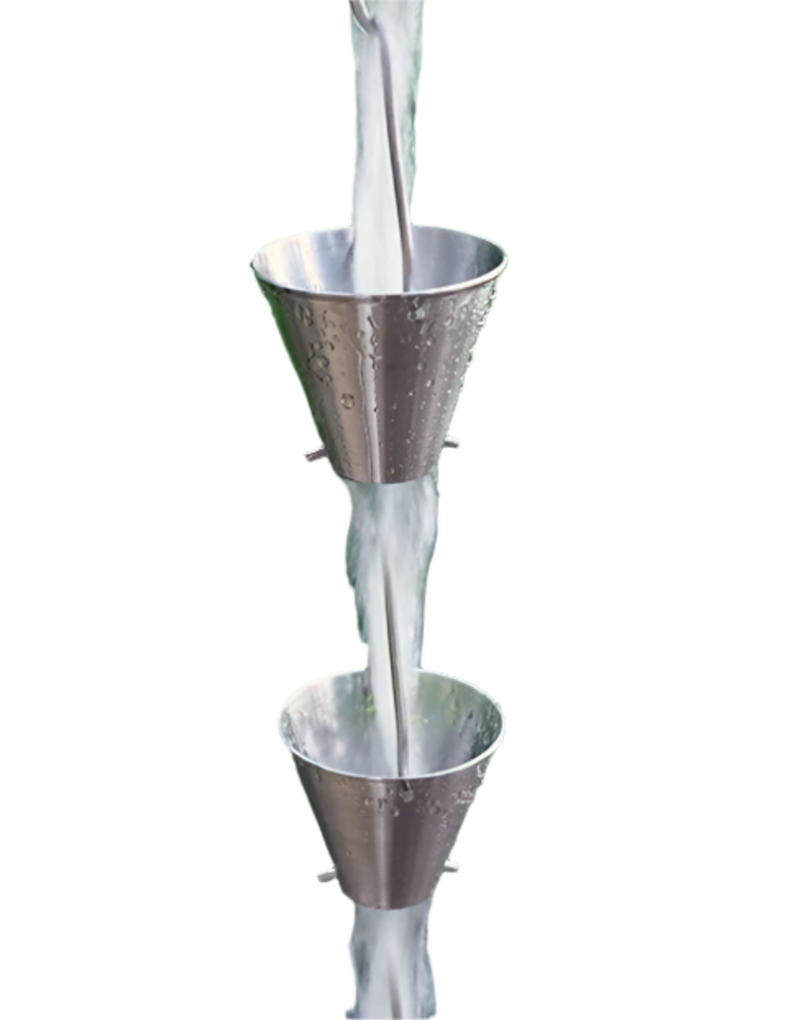 Stainless steel rain chain with water flowing through modern cup design.