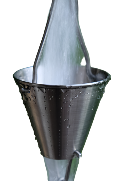Detailed view of stainless steel rain chain cup with water and droplets.