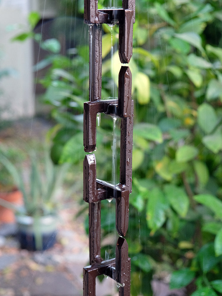 Rectangular C-link aluminum rain chain 8ft sections with 32 links. Black or Bronze powder coat. 2-1/4" x 4". Kit included. Contractor and DIY. Damascus OR.