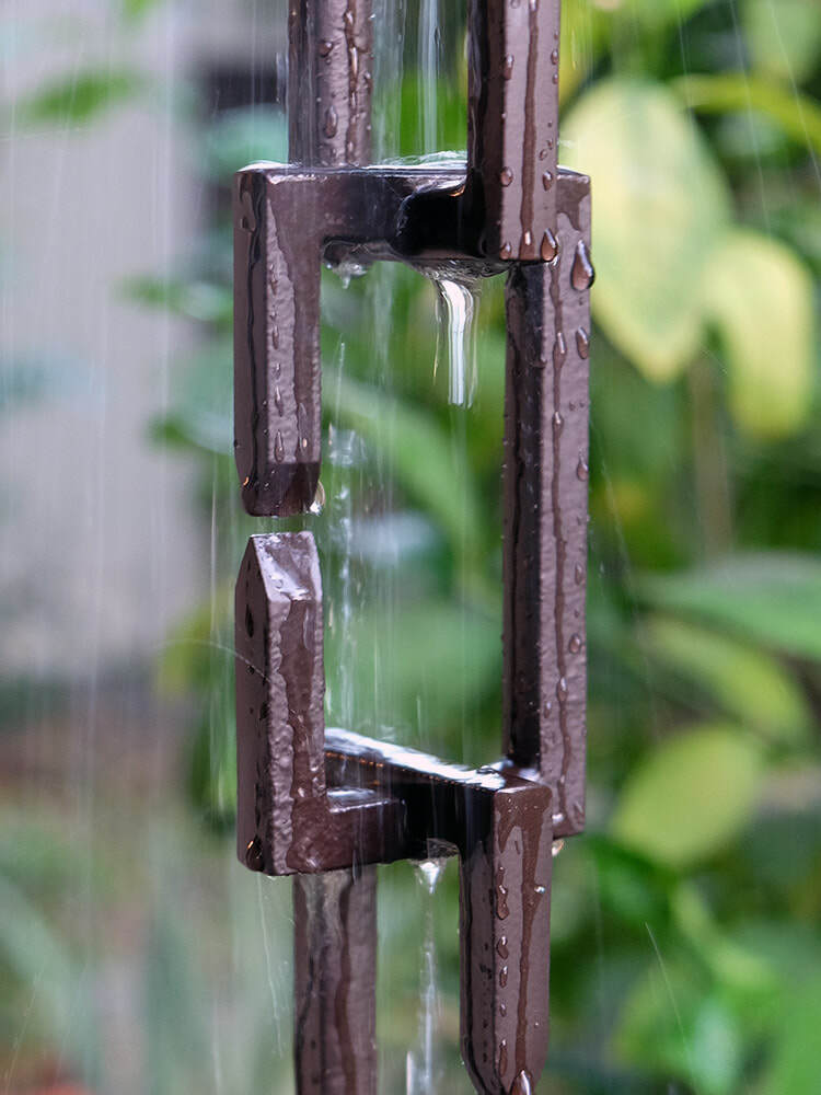 Rectangular C-link aluminum rain chain 8ft sections with 32 links. Black or Bronze powder coat. 2-1/4" x 4". Kit included. Contractor and DIY. Damascus OR.
