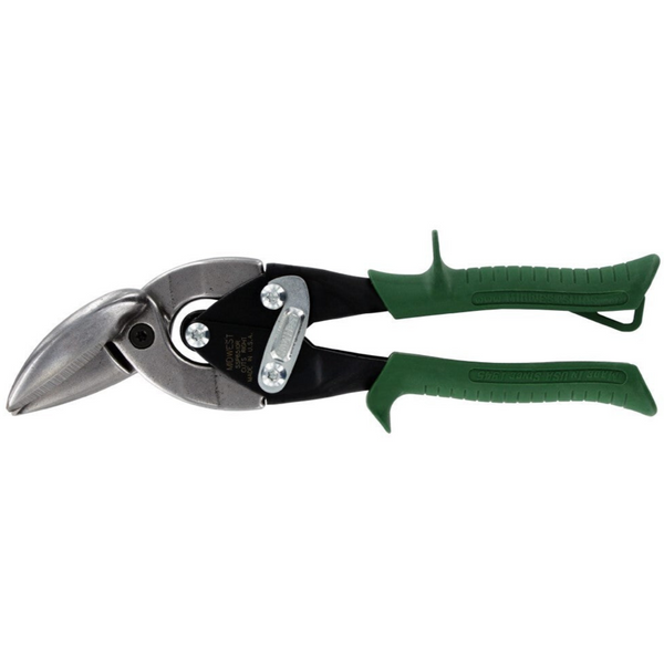 Midwest Special Hard Right Offset Snips with green ergonomic handles.