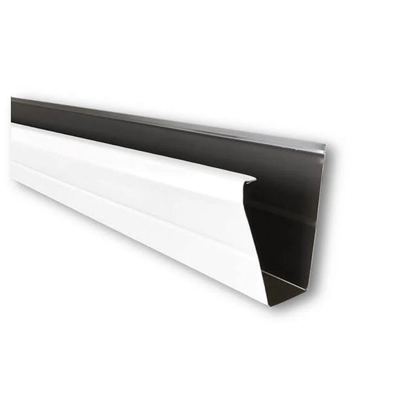 Premium 5-inch seamless fascia gutter in white with a modern wide bottom design.