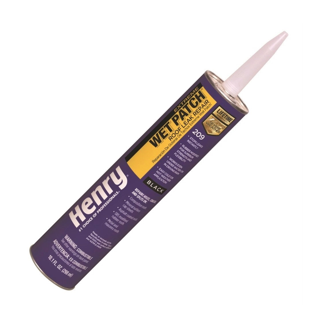 Henry 208 Wet Patch roof cement 10.1oz cartridge black asphalt sealant wet dry application purple label yellow branding GutterAll Damascus Oregon
