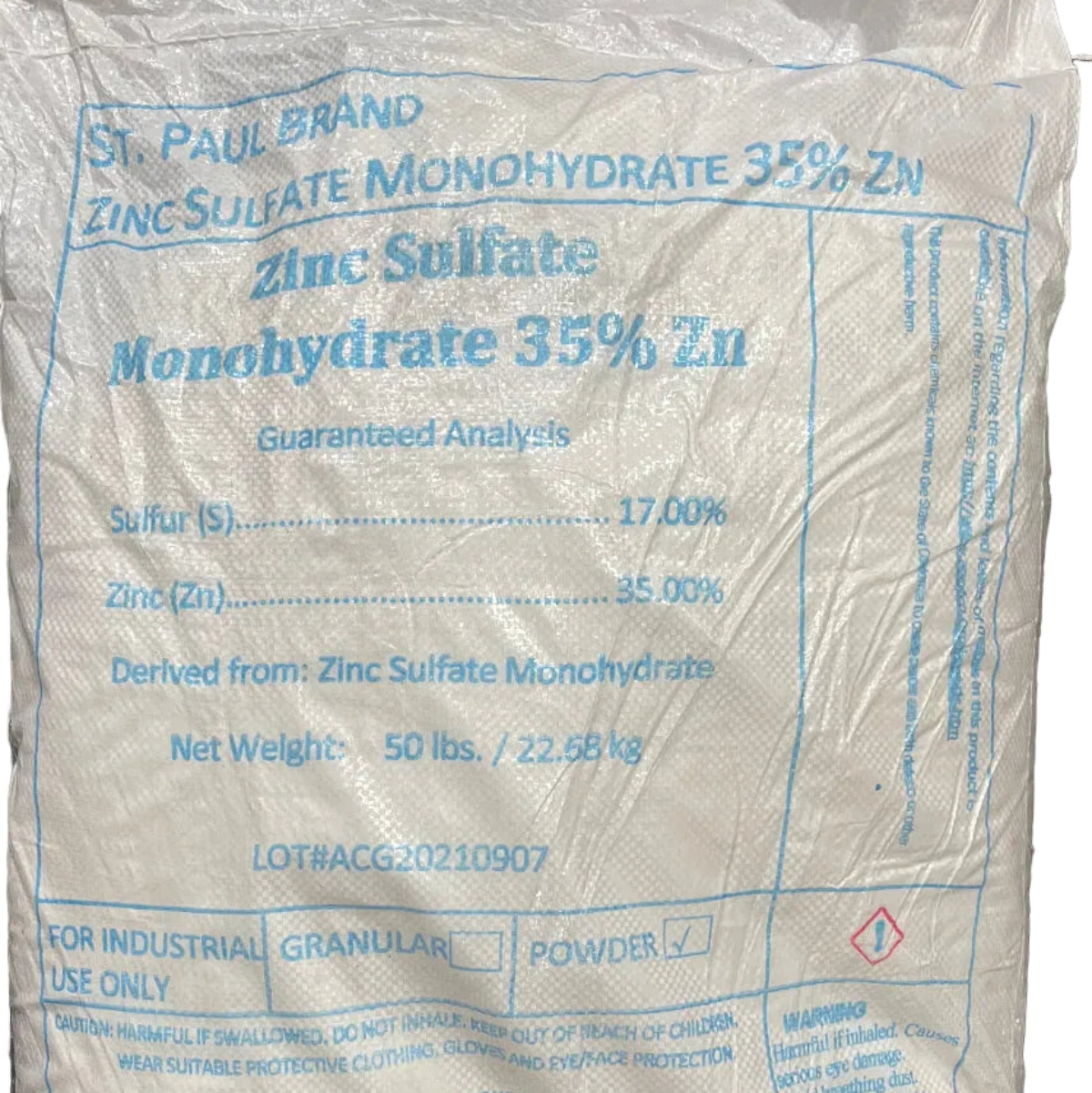 St. Paul Brand Zinc Sulfate Monohydrate 35% Zn powder 50 lb bag industrial moss control roof gutter treatment GutterAll Damascus Oregon