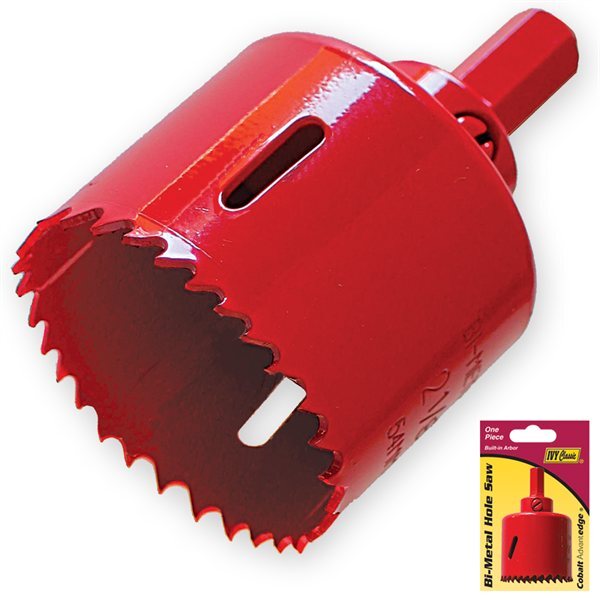 Red bi-metal hole saw for gutter outlet cutouts and downspout drops