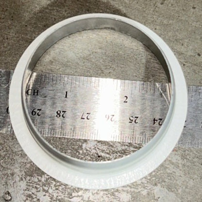 White vinyl 2 3/8 inch gutter downspout outlet top view, rust-proof, K-style half-round compatible, professional grade
