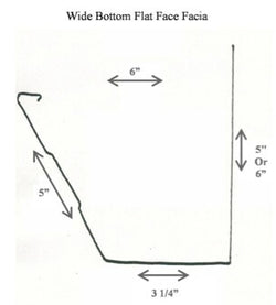 Diagram of wide bottom flat face fascia gutter with dimensions labeled.