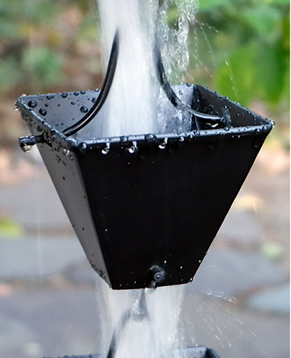 Black Square Aluminum Rain Chain. Modern geometric design. 8ft section. 19 cups. 3-1/2" x 3". Powder coated. V-hook included. Contractor DIY. Damascus OR.