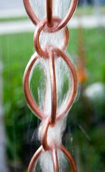 Egg-Shaped Loop Rain Chain in Copper Bronze finish showing unique figure-8 design and water flow pattern