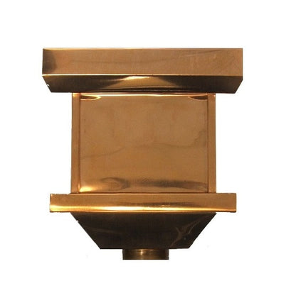 Polished copper decorative gutter collection box with conductor head for 3/4-inch downspouts.