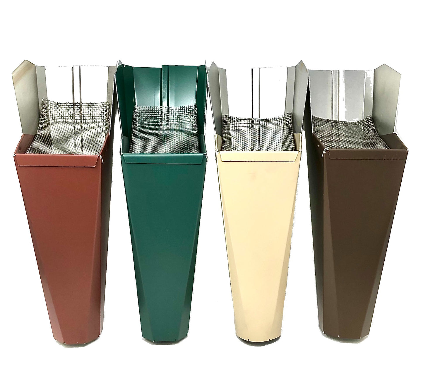 Set of four GutterAll downspout cleanout screens in red, green, beige, and brown.