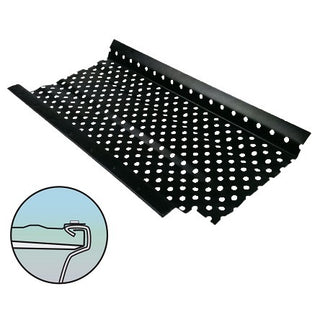 Flow Right Gutter Guard in black with perforated design and installation diagram for gutter compatibility.