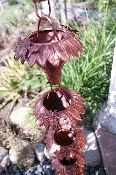 Bees on Sunflower Copper Rain Chain. Sculptural sunflower cups with 3D bee accents. 8ft section. Living patina. V-hook included. Contractor DIY. Damascus OR.