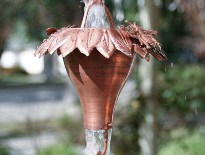 Bees on Sunflower Copper Rain Chain. Sculptural sunflower cups with 3D bee accents. 8ft section. Living patina. V-hook included. Contractor DIY. Damascus OR.