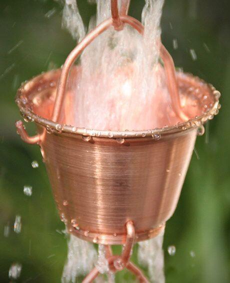 Bucket Cup rain chain. Premium copper. 8ft section with 22 cups. Classic design. Develops natural patina. V-hook included. Easy no-tool assembly. Contractor DIY. Damascus OR.