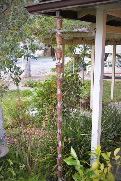 Dragonfly Copper Rain Chain. Garden design with maple leaves. 8ft section. 16 cups. 3-3/4" x 4". Embossed vines. V-hook included. Contractor DIY. Damascus OR.