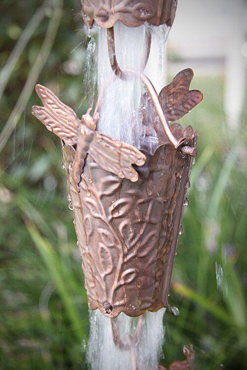 Dragonfly Copper Rain Chain. Garden design with maple leaves. 8ft section. 16 cups. 3-3/4" x 4". Embossed vines. V-hook included. Contractor DIY. Damascus OR.