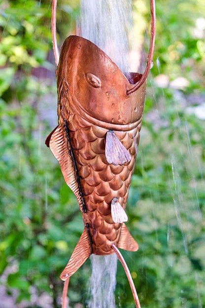 Copper koi fish rain chain with water flowing through, creating a natural feature.