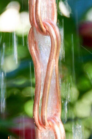 Copper figure 8 rain chain with water flowing through the links.