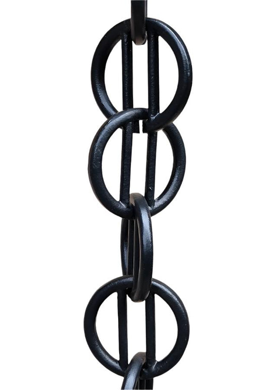 Black hoops and sticks rain chain with modern geometric design.