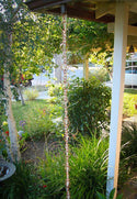 Full-length copper hoops rain chain hanging in a lush garden.