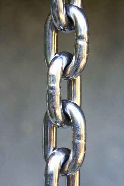 Detailed view of polished stainless steel chain with weather-resistant design.