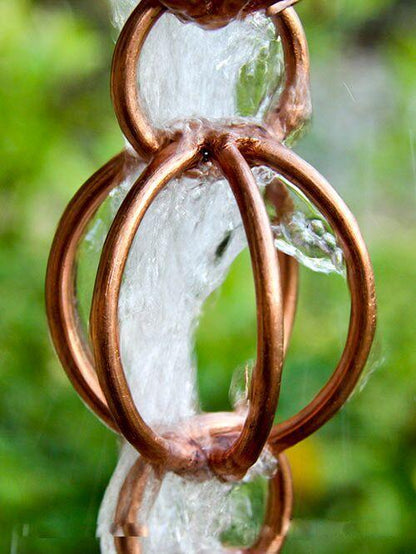 Copper rain chain with water cascading through the spherical design.
