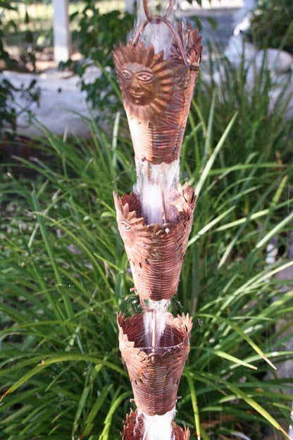 Sunshine copper rain chain cups 8 ft section with sunburst cup design